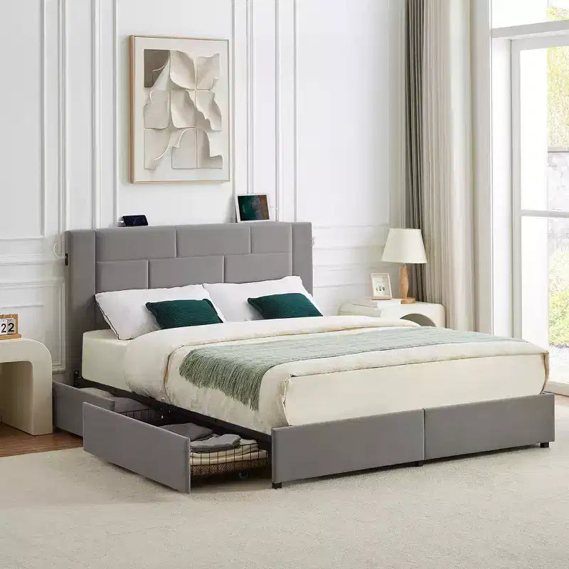 Letto imbottito con piattaforma, ricarica USB e cassetti portaoggetti