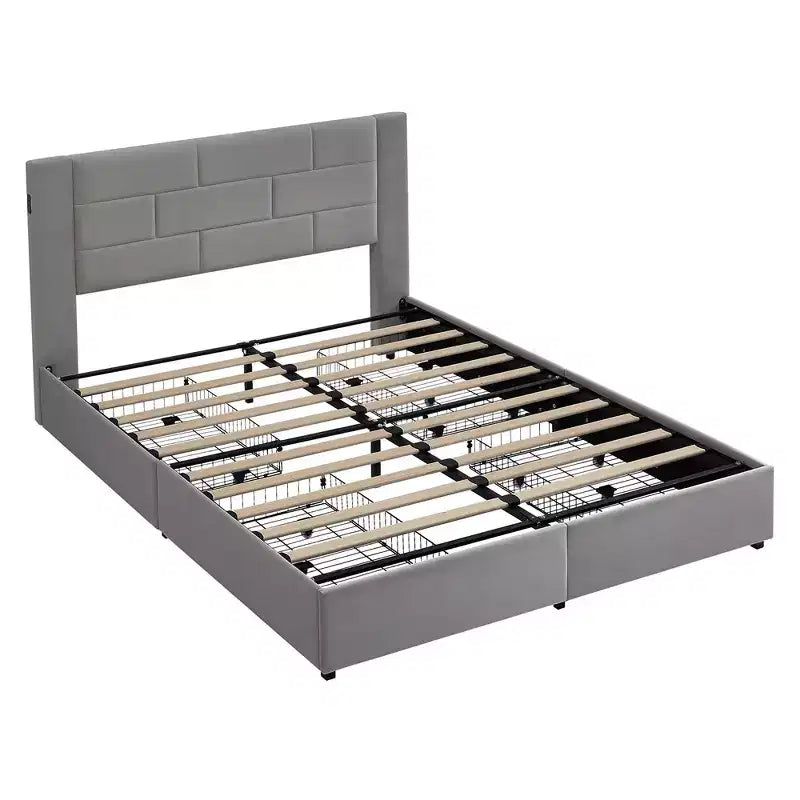 Letto imbottito con piattaforma, ricarica USB e cassetti portaoggetti