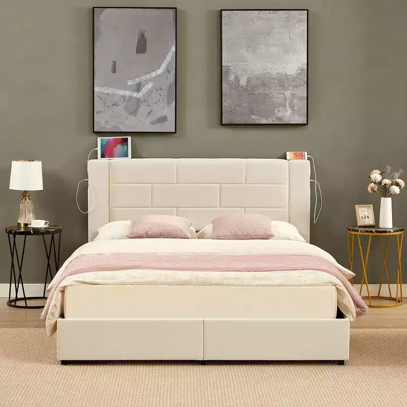 Upholstered Platform Bed with USB Charging and Storage Drawers
