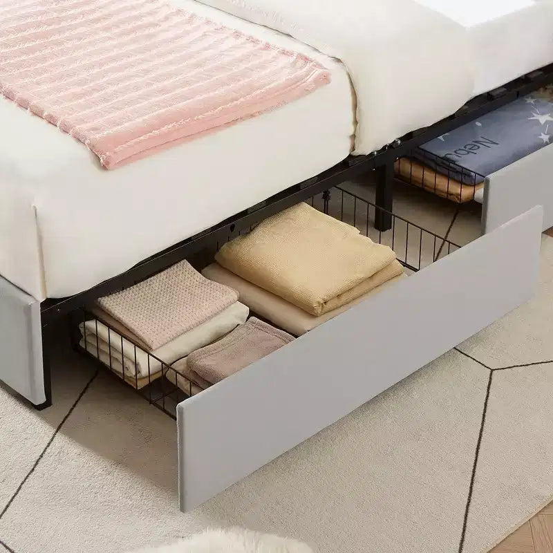 Letto imbottito con piattaforma, ricarica USB e cassetti portaoggetti