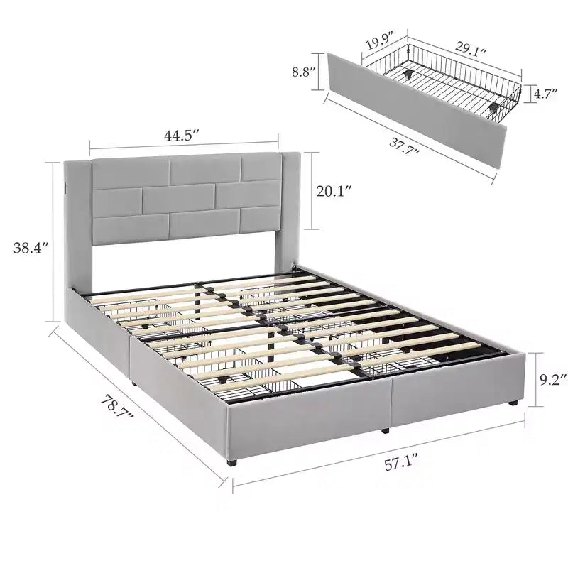Letto imbottito con piattaforma, ricarica USB e cassetti portaoggetti