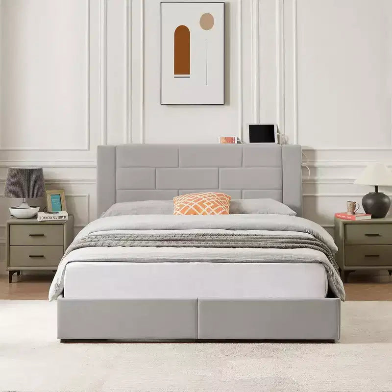 Letto imbottito con piattaforma, ricarica USB e cassetti portaoggetti