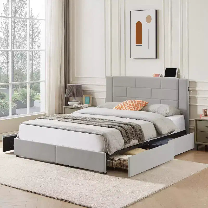 Letto imbottito con piattaforma, ricarica USB e cassetti portaoggetti