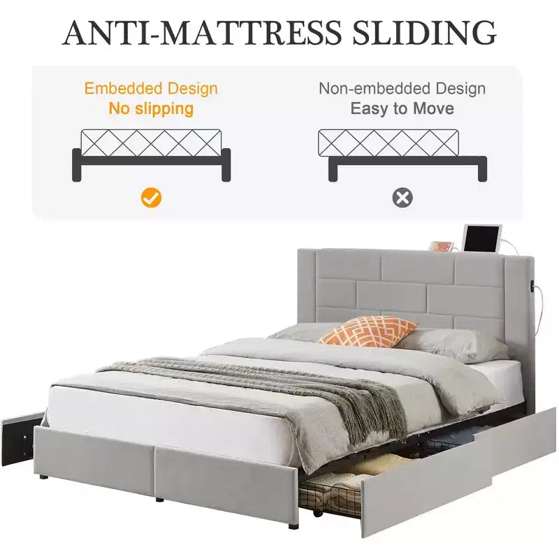 Letto imbottito con piattaforma, ricarica USB e cassetti portaoggetti