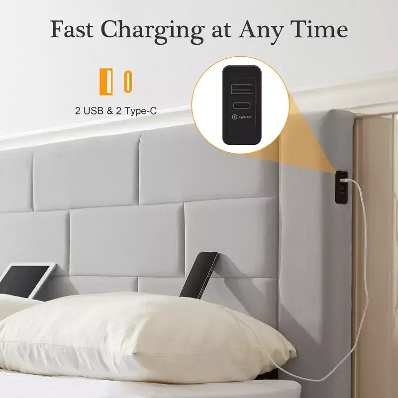 Letto imbottito con piattaforma, ricarica USB e cassetti portaoggetti