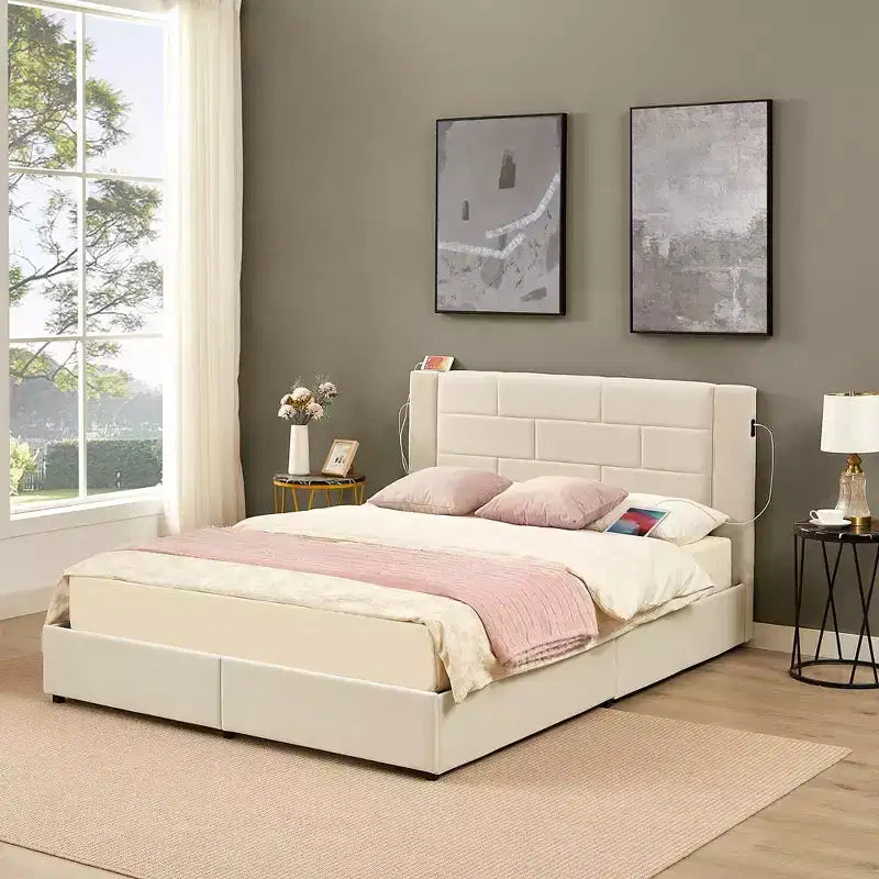Upholstered Platform Bed with USB Charging and Storage Drawers