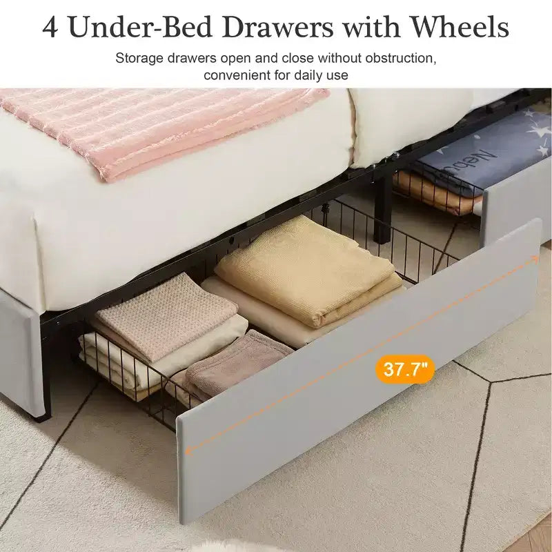 Letto imbottito con piattaforma, ricarica USB e cassetti portaoggetti
