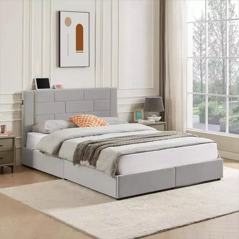 Letto imbottito con piattaforma, ricarica USB e cassetti portaoggetti
