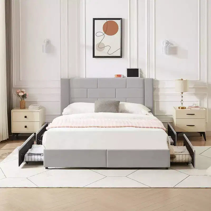 Letto imbottito con piattaforma, ricarica USB e cassetti portaoggetti