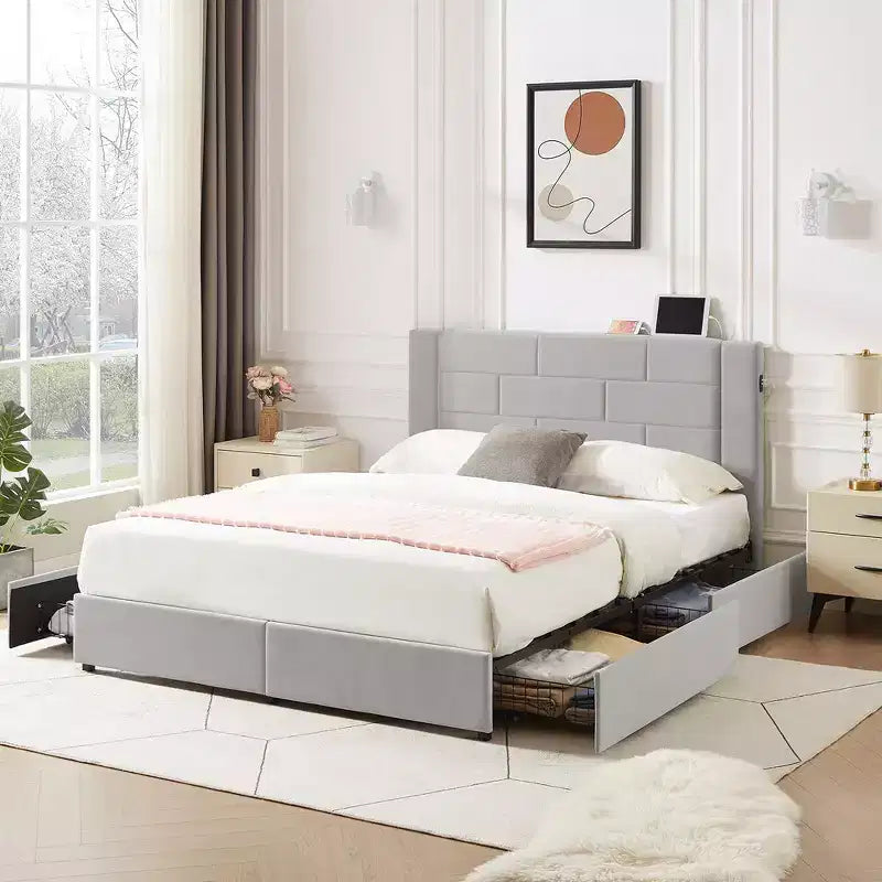 Letto imbottito con piattaforma, ricarica USB e cassetti portaoggetti