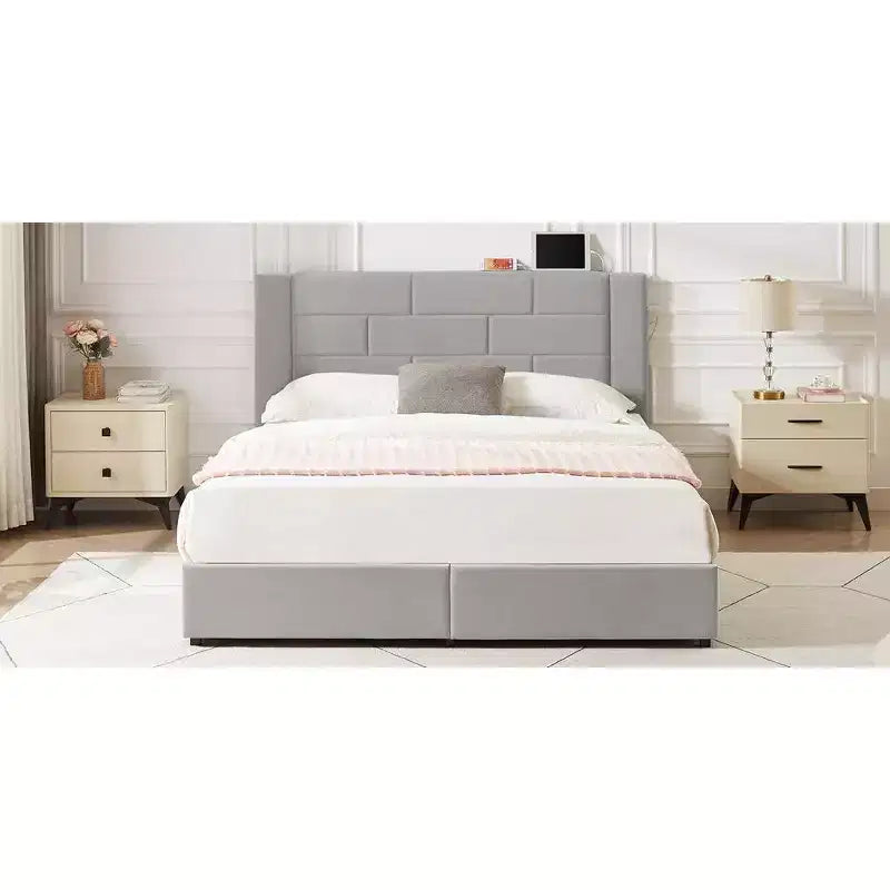 Letto imbottito con piattaforma, ricarica USB e cassetti portaoggetti