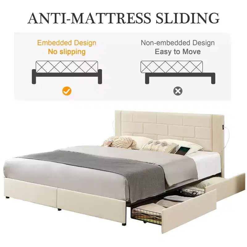 Upholstered Platform Bed with USB Charging and Storage Drawers
