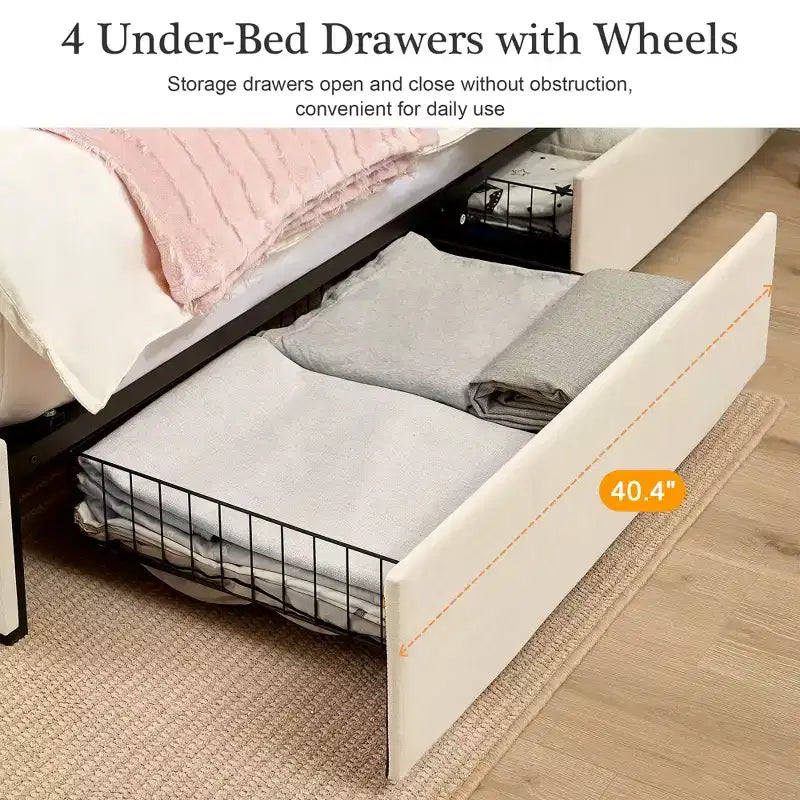 Letto imbottito con piattaforma, ricarica USB e cassetti portaoggetti