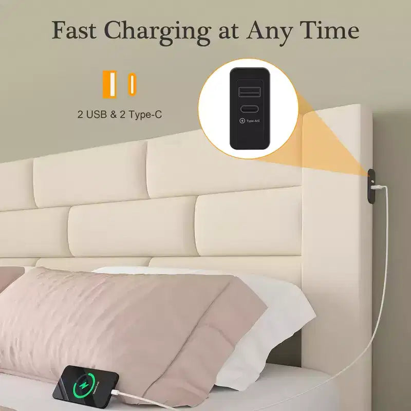 Letto imbottito con piattaforma, ricarica USB e cassetti portaoggetti