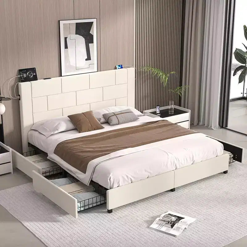 Letto imbottito con piattaforma, ricarica USB e cassetti portaoggetti