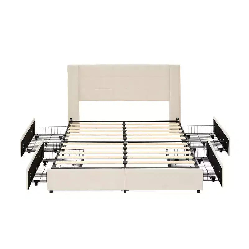 Letto imbottito con piattaforma, ricarica USB e cassetti portaoggetti