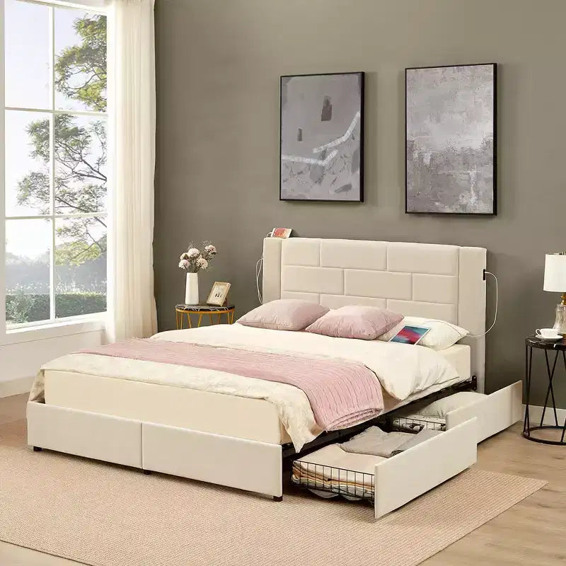 Upholstered Platform Bed with USB Charging and Storage Drawers