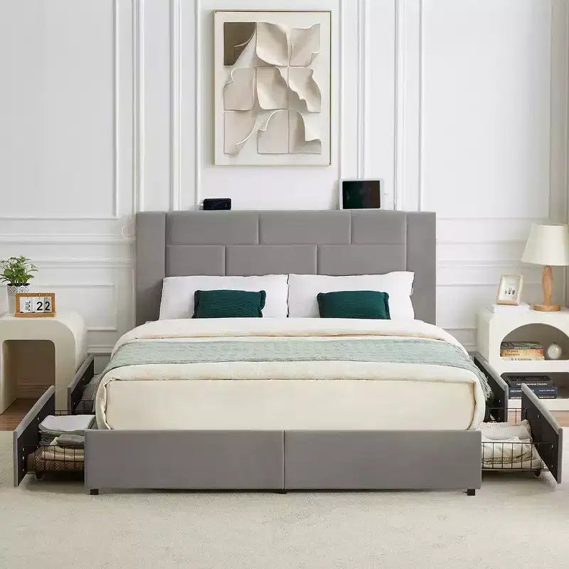 Upholstered Platform Bed with USB Charging and Storage Drawers