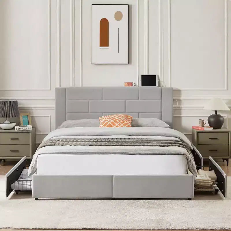 Upholstered Platform Bed with USB Charging and Storage Drawers